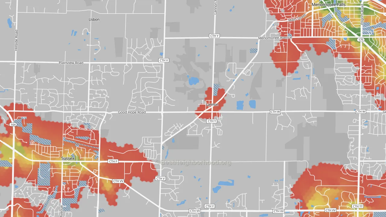 Walk Grade map of Lannon, WI, walkable areas in green and car-dependent areas in red