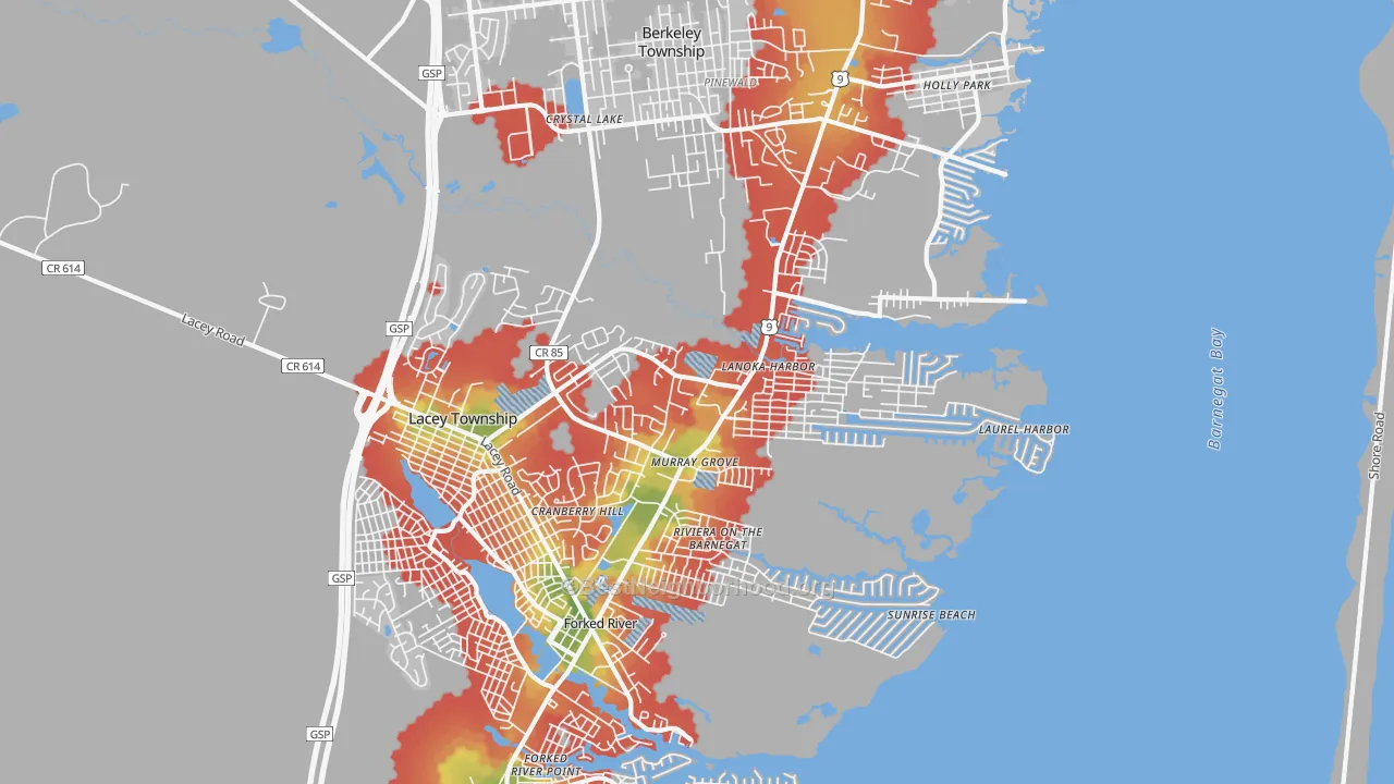 Walk Grade map of Lanoka Harbor, NJ, walkable areas in green and car-dependent areas in red