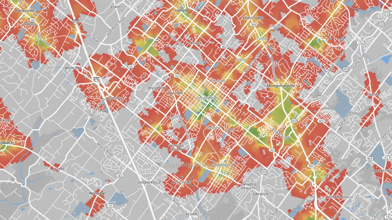 Walk Grade map of Lansdale, PA, walkable areas in green and car-dependent areas in red