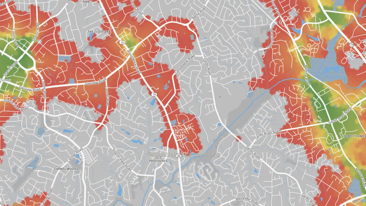 Walk Grade map of Lansdowne, Charlotte, NC, walkable areas in green and car-dependent areas in red