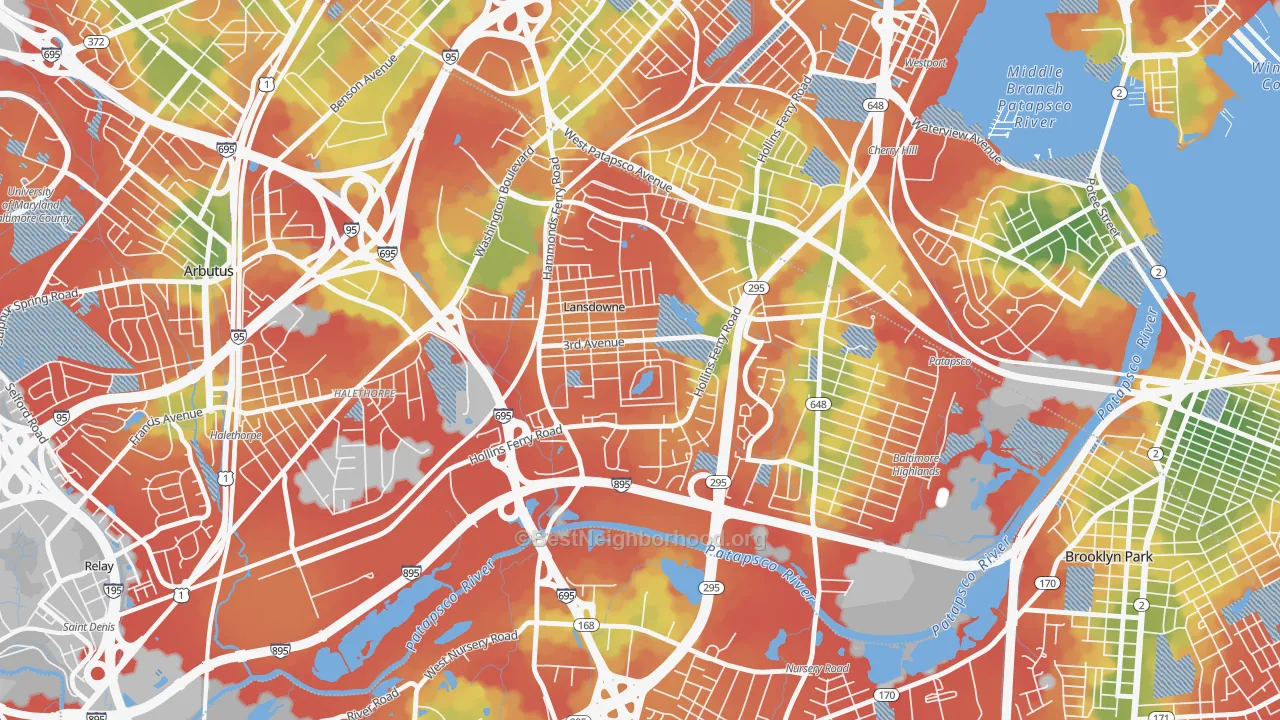 Walk Grade map of Lansdowne, MD, walkable areas in green and car-dependent areas in red