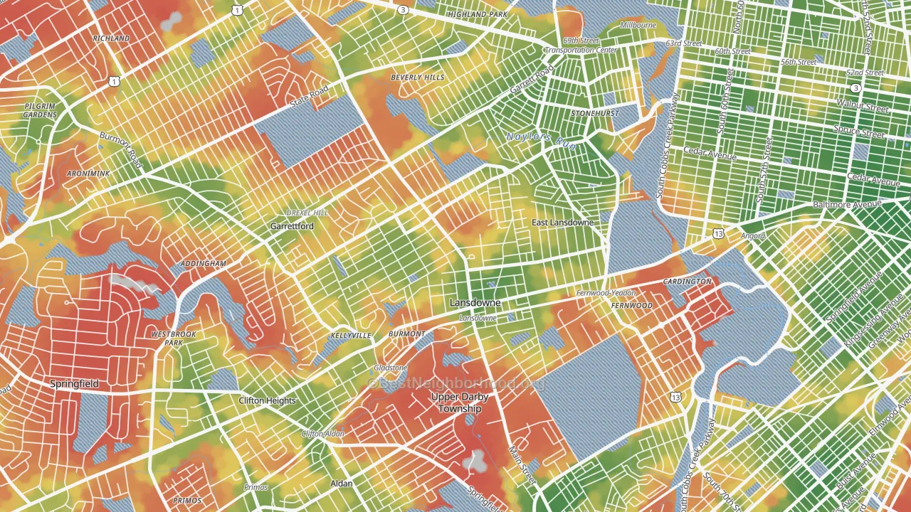 Walk Grade map of Lansdowne, PA, walkable areas in green and car-dependent areas in red