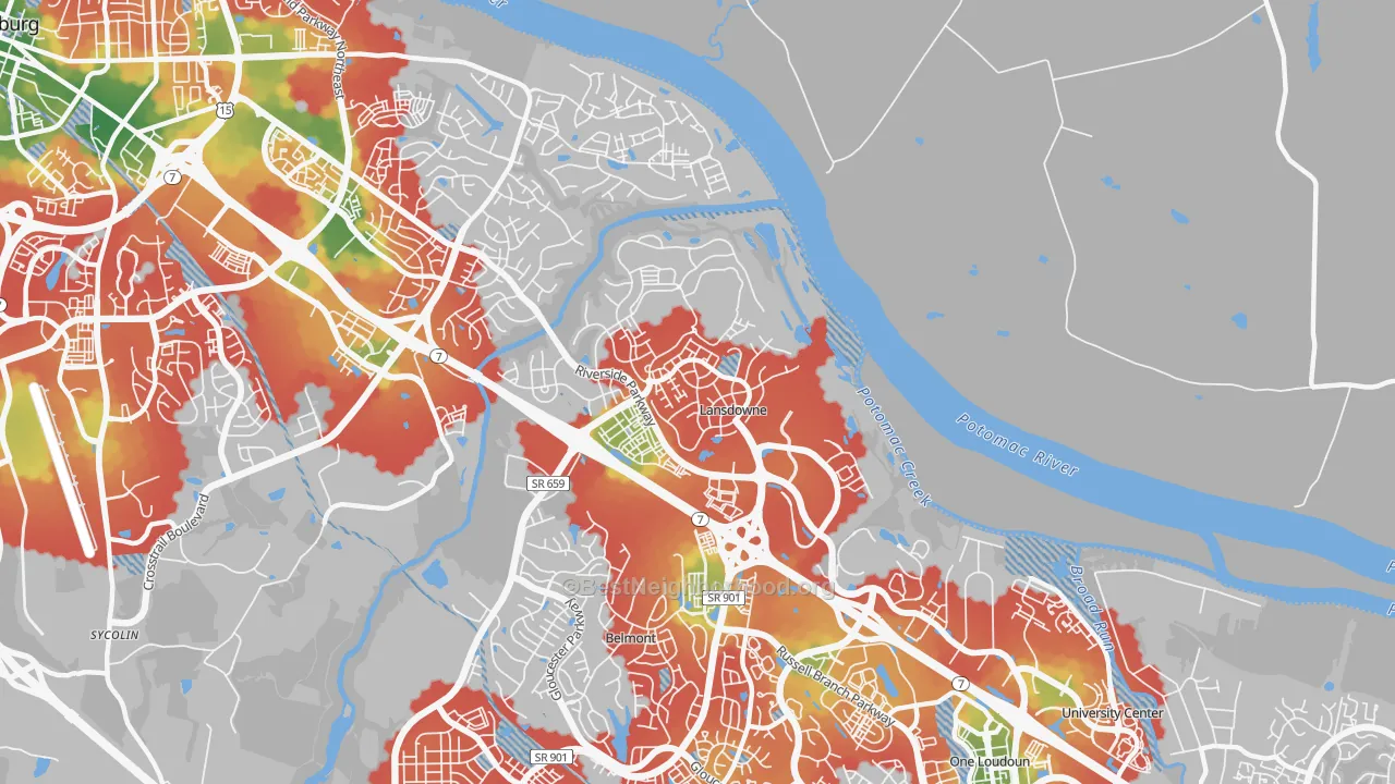 Walk Grade map of Lansdowne, VA, walkable areas in green and car-dependent areas in red