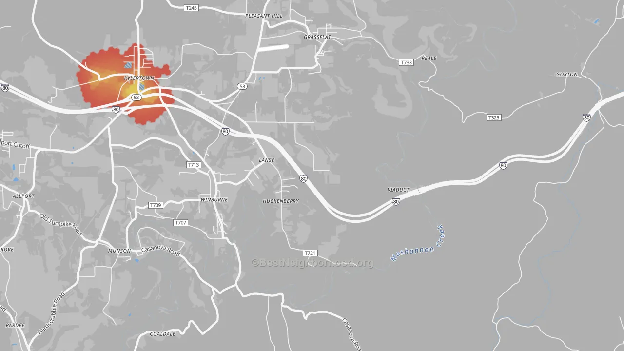 Walk Grade map of Lanse, PA, walkable areas in green and car-dependent areas in red