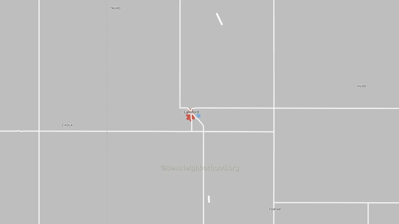 Walk Grade map of Lansford, ND, walkable areas in green and car-dependent areas in red