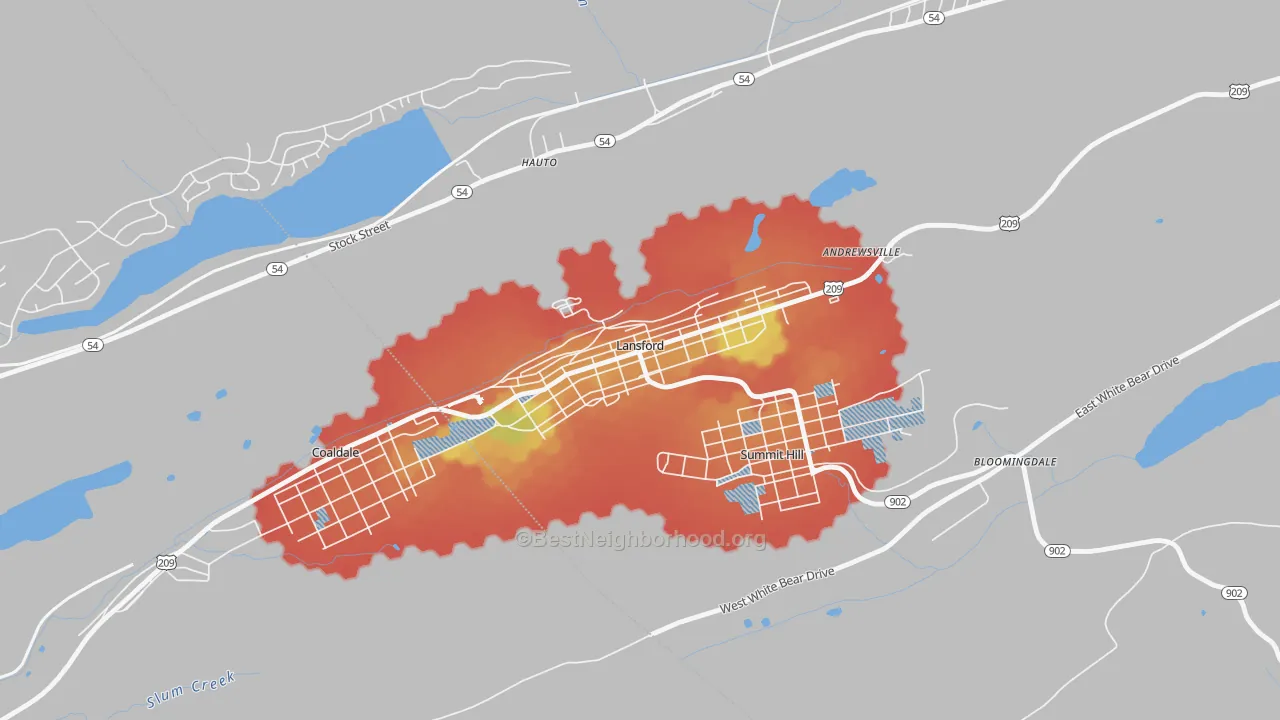 Walk Grade map of Lansford, PA, walkable areas in green and car-dependent areas in red