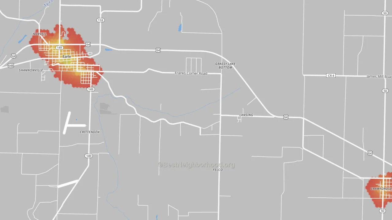 Walk Grade map of Lansing, AR, walkable areas in green and car-dependent areas in red