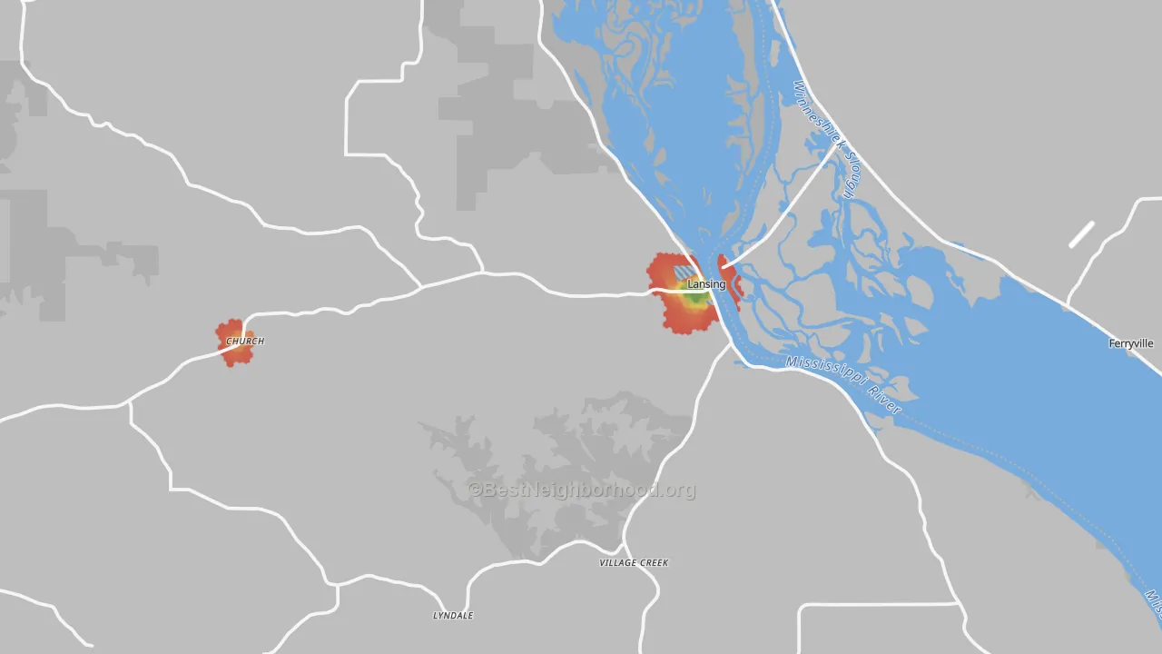 Walk Grade map of Lansing, IA, walkable areas in green and car-dependent areas in red