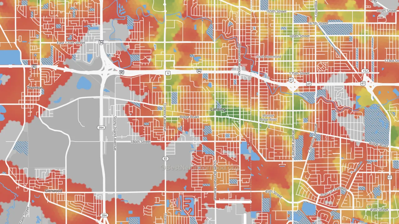 Walk Grade map of Lansing, IL, walkable areas in green and car-dependent areas in red