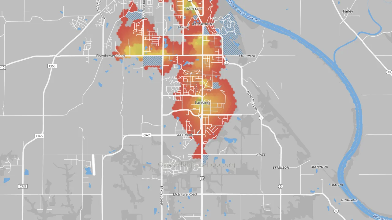 Walk Grade map of Lansing, KS, walkable areas in green and car-dependent areas in red