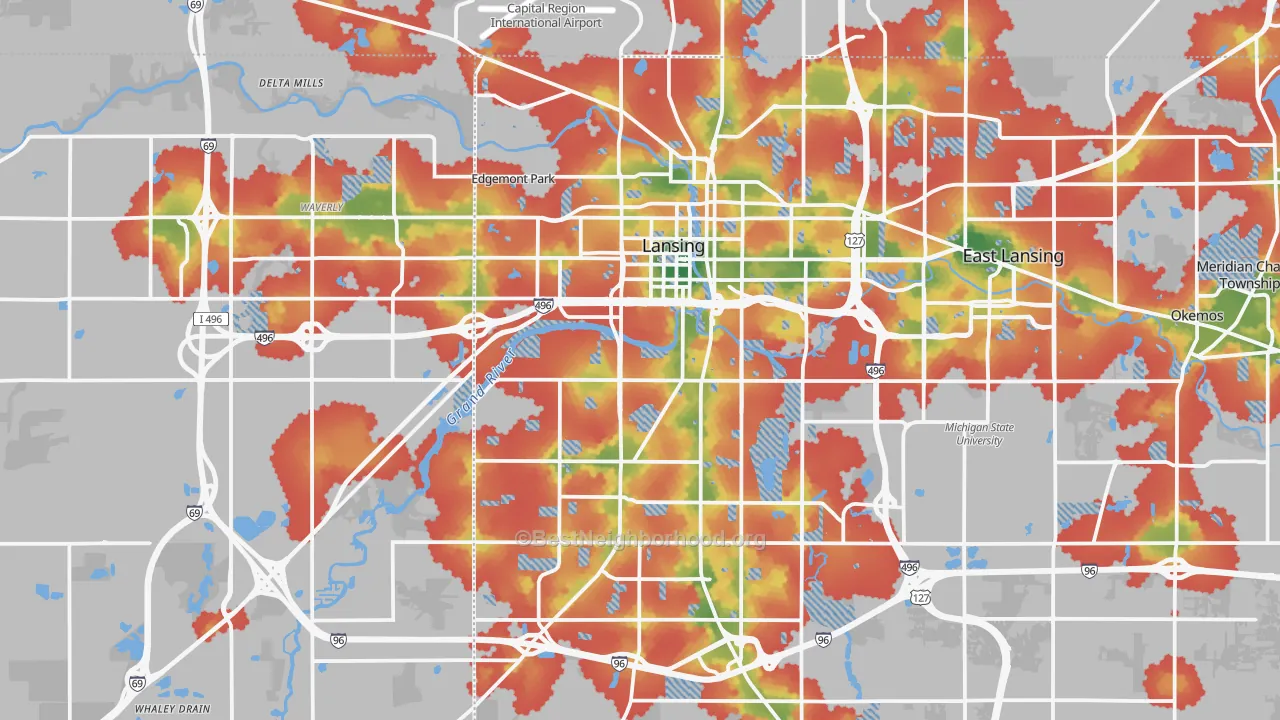 Walk Grade map of Lansing, MI, walkable areas in green and car-dependent areas in red