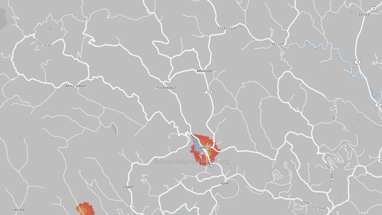 Walk Grade map of Lansing, NC, walkable areas in green and car-dependent areas in red