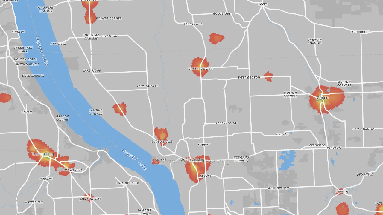 Walk Grade map of Lansing, NY, walkable areas in green and car-dependent areas in red