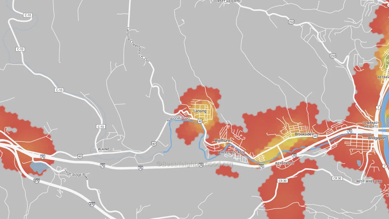 Walk Grade map of Lansing, OH, walkable areas in green and car-dependent areas in red
