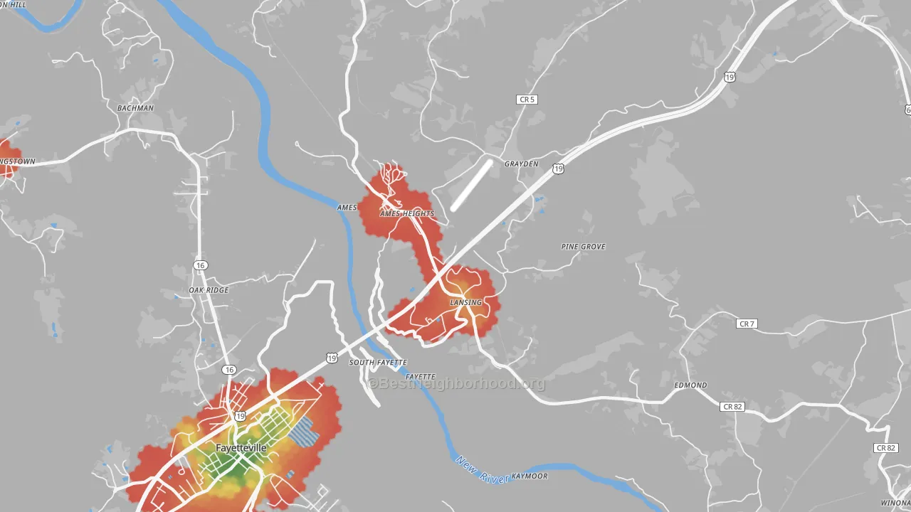 Walk Grade map of Lansing, WV, walkable areas in green and car-dependent areas in red