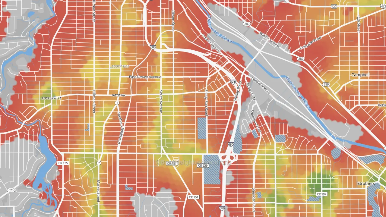 Walk Grade map of Lansingville, Youngstown, OH, walkable areas in green and car-dependent areas in red