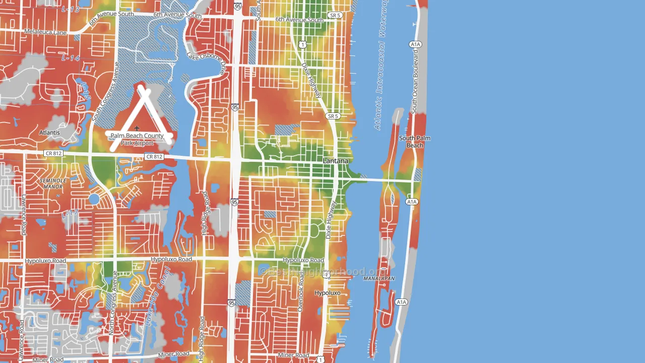 Walk Grade map of Lantana, FL, walkable areas in green and car-dependent areas in red