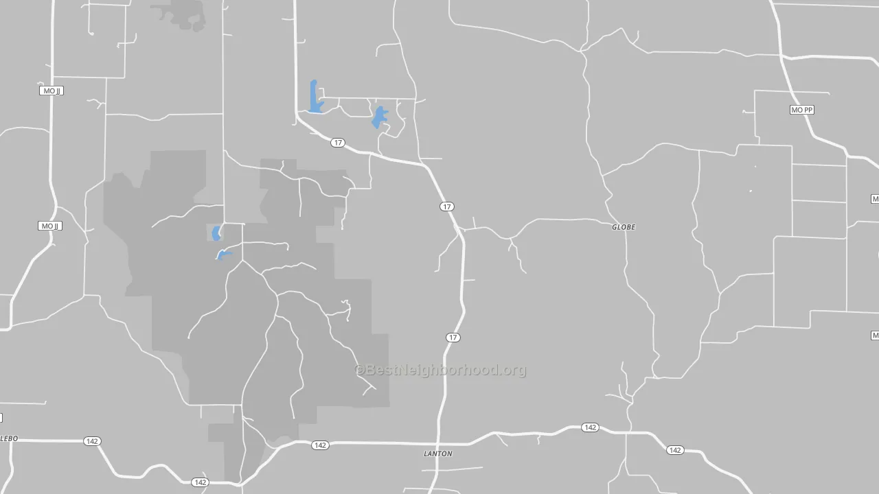 Walk Grade map of Lanton, MO, walkable areas in green and car-dependent areas in red