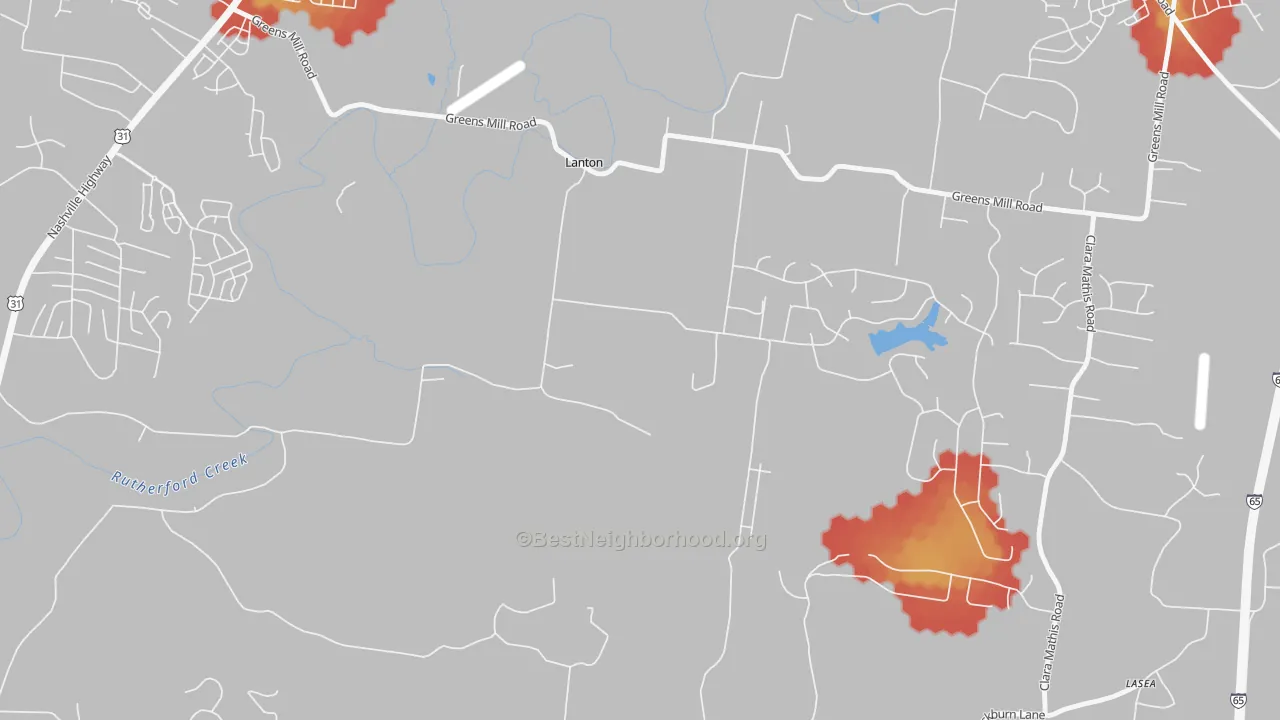 Walk Grade map of Lanton, TN, walkable areas in green and car-dependent areas in red