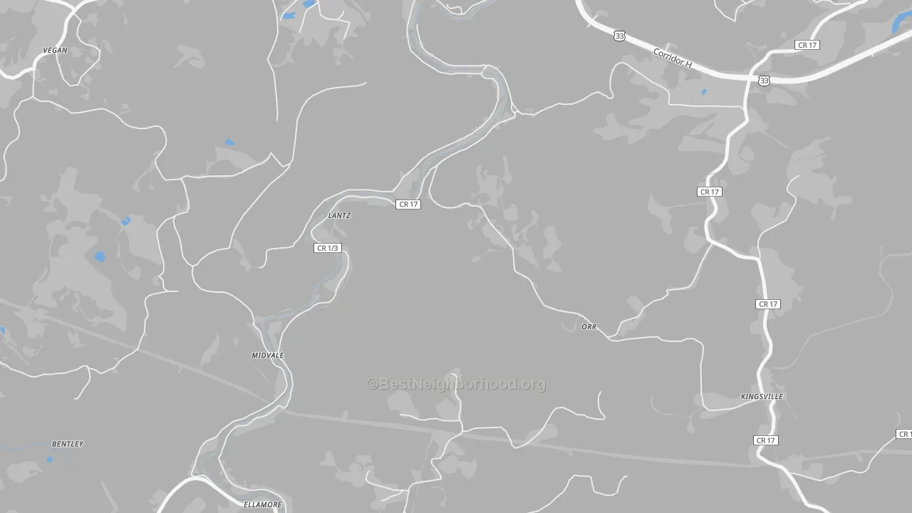 Walk Grade map of Lantz, WV, walkable areas in green and car-dependent areas in red