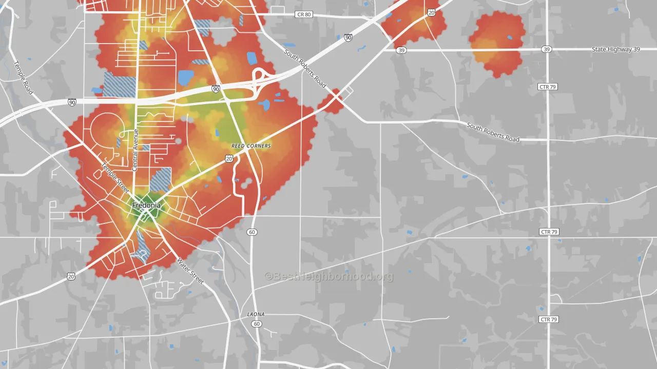 Walk Grade map of Laona, NY, walkable areas in green and car-dependent areas in red
