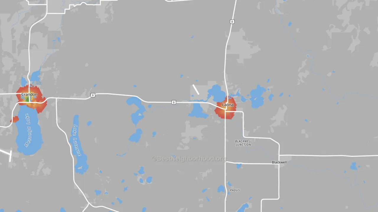 Walk Grade map of Laona, WI, walkable areas in green and car-dependent areas in red