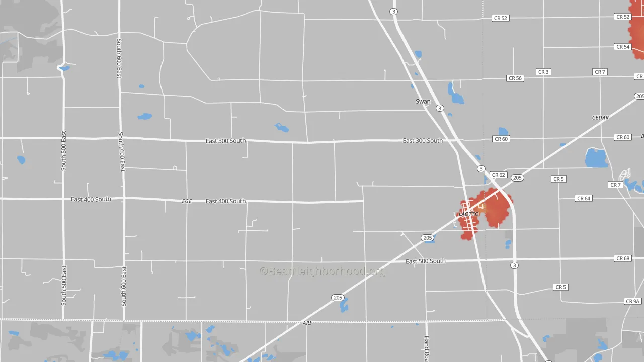 Walk Grade map of Laotto, IN, walkable areas in green and car-dependent areas in red