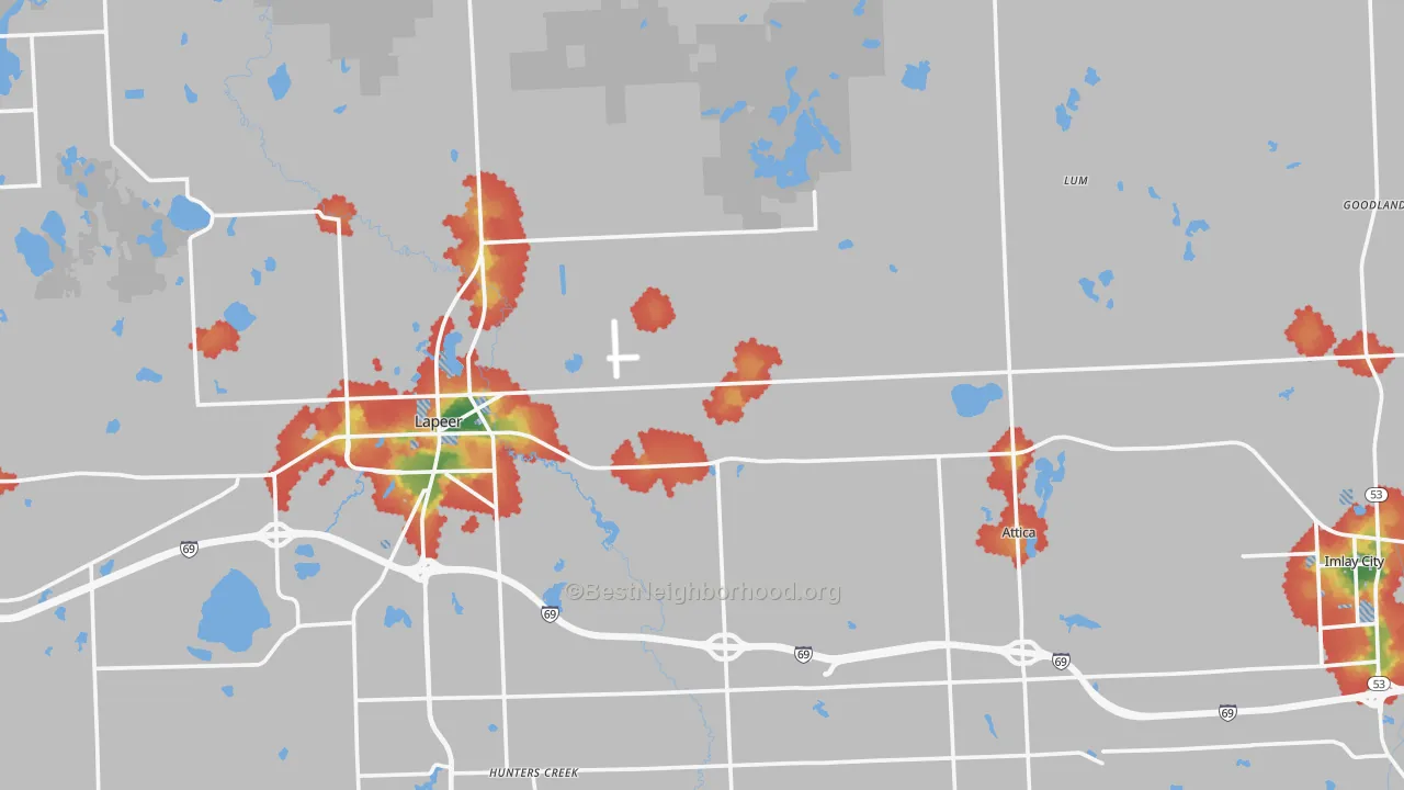 Walk Grade map of Lapeer County, MI, walkable areas in green and car-dependent areas in red