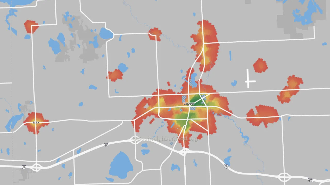 Walk Grade map of Lapeer, MI, walkable areas in green and car-dependent areas in red