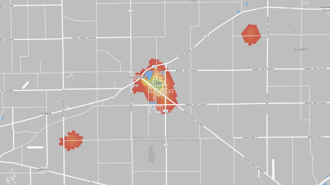 Walk Grade map of Lapel, IN, walkable areas in green and car-dependent areas in red