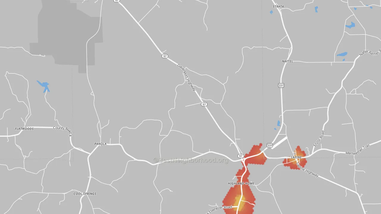 Walk Grade map of Lapine, AL, walkable areas in green and car-dependent areas in red