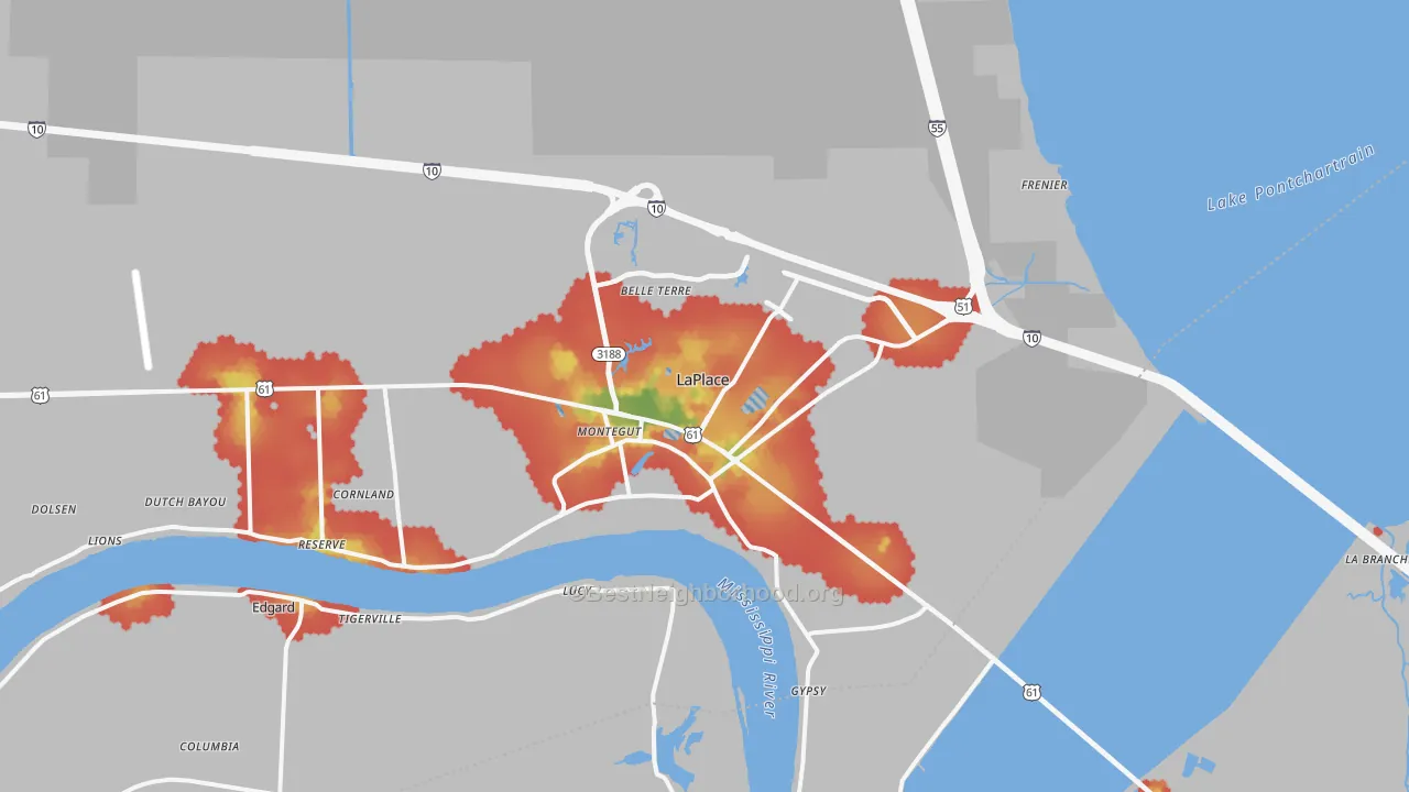 Walk Grade map of Laplace, LA, walkable areas in green and car-dependent areas in red