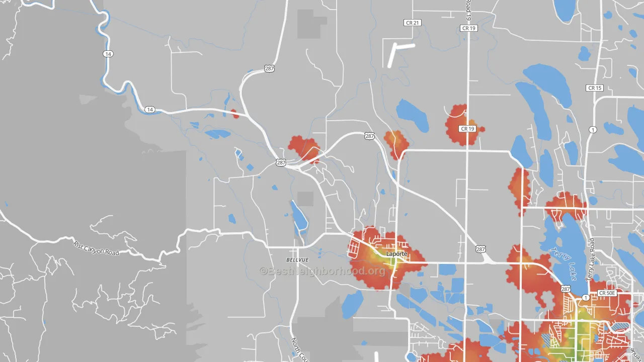 Walk Grade map of Laporte, CO, walkable areas in green and car-dependent areas in red