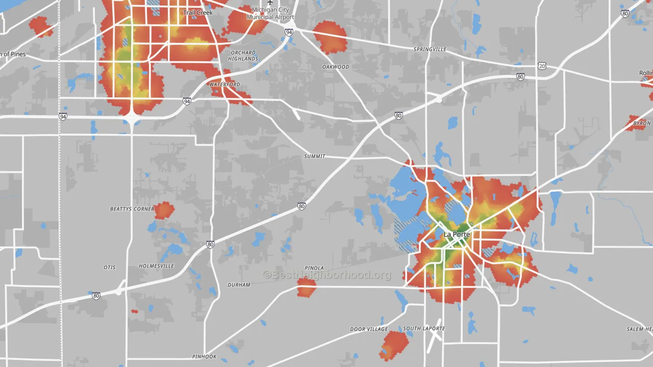 Walk Grade map of LaPorte County, IN, walkable areas in green and car-dependent areas in red