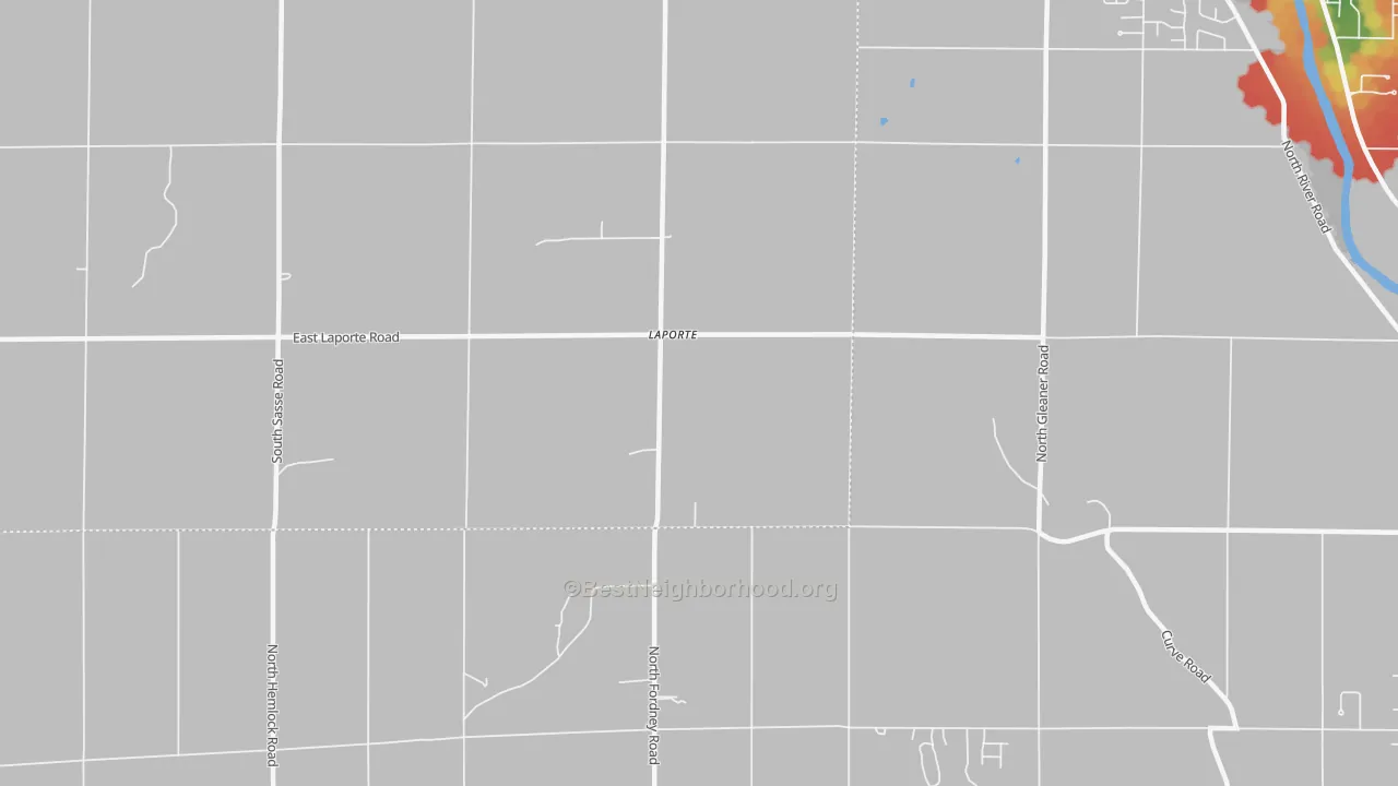 Walk Grade map of Laporte, MI, walkable areas in green and car-dependent areas in red