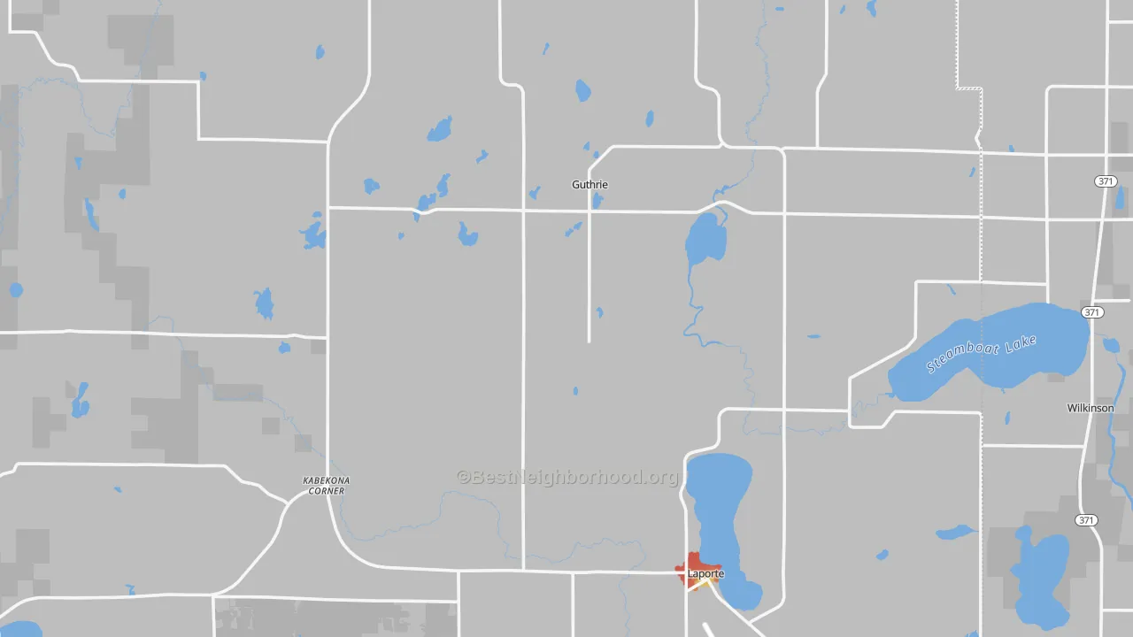 Walk Grade map of Laporte, MN, walkable areas in green and car-dependent areas in red