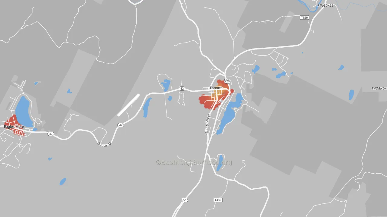 Walk Grade map of Laporte, PA, walkable areas in green and car-dependent areas in red
