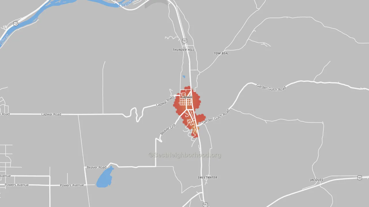 Walk Grade map of Lapwai, ID, walkable areas in green and car-dependent areas in red