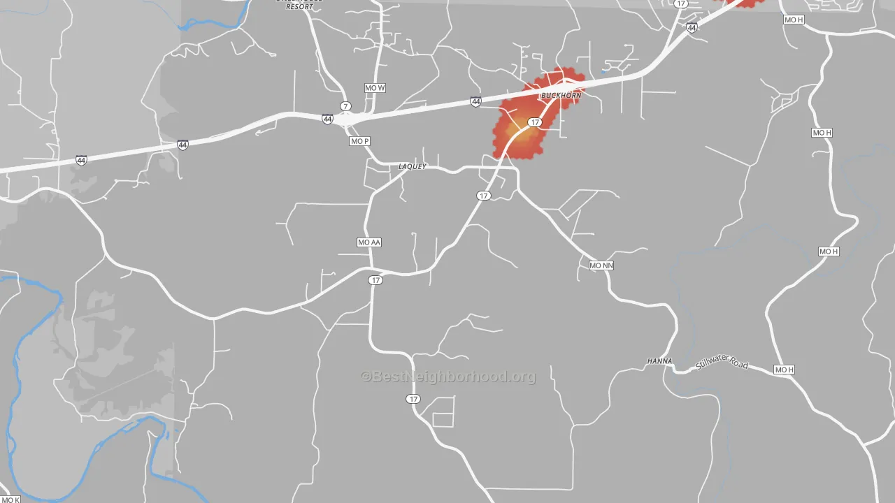 Walk Grade map of Laquey, MO, walkable areas in green and car-dependent areas in red