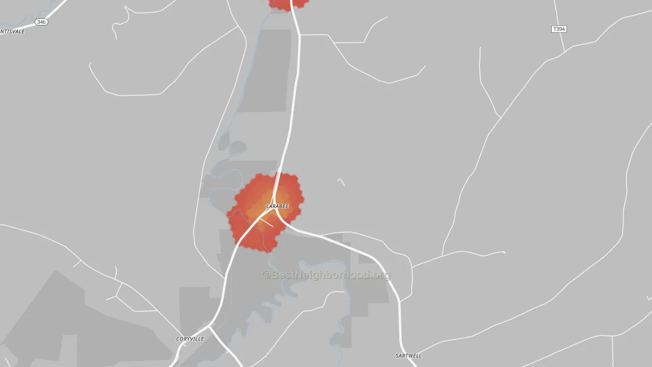Walk Grade map of Larabee, PA, walkable areas in green and car-dependent areas in red