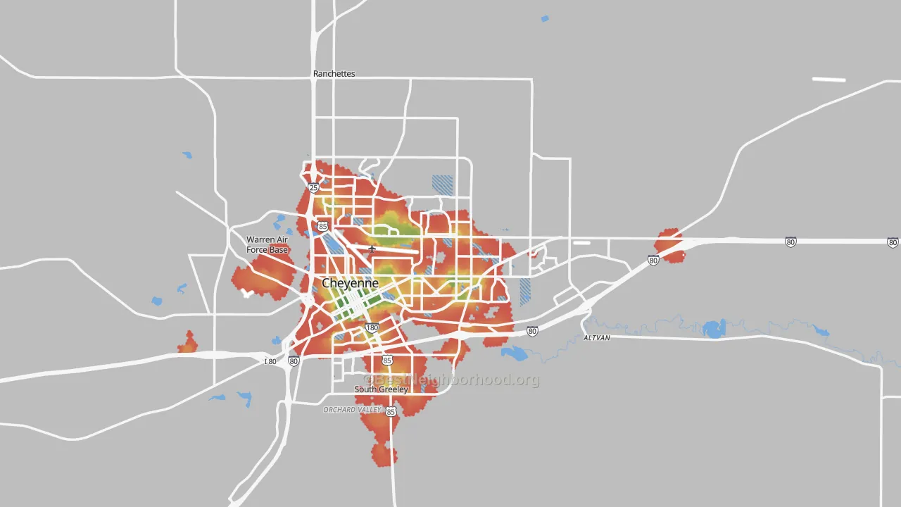 Walk Grade map of Laramie County, WY, walkable areas in green and car-dependent areas in red