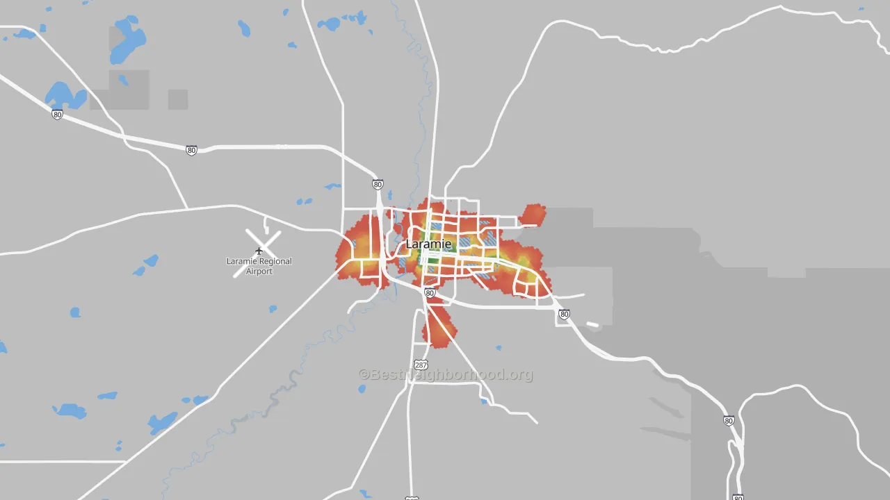 Walk Grade map of Laramie, WY, walkable areas in green and car-dependent areas in red
