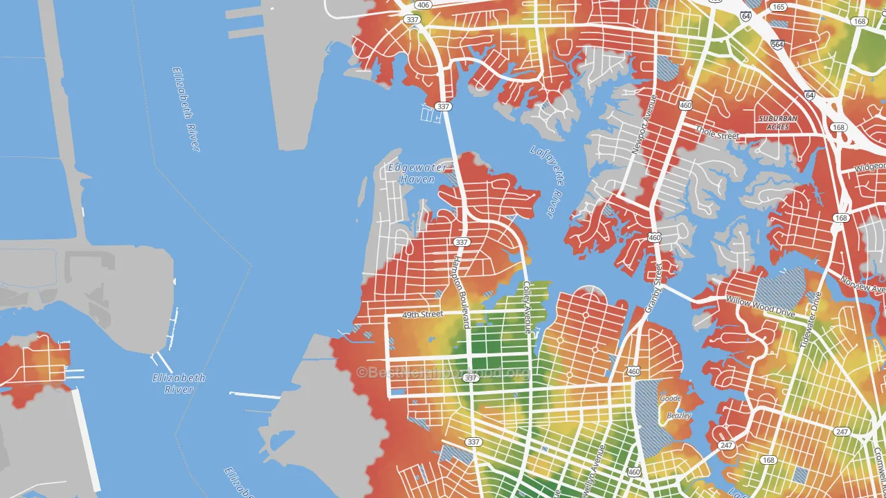 Walk Grade map of Larchmont-Edgewater, Norfolk, VA, walkable areas in green and car-dependent areas in red