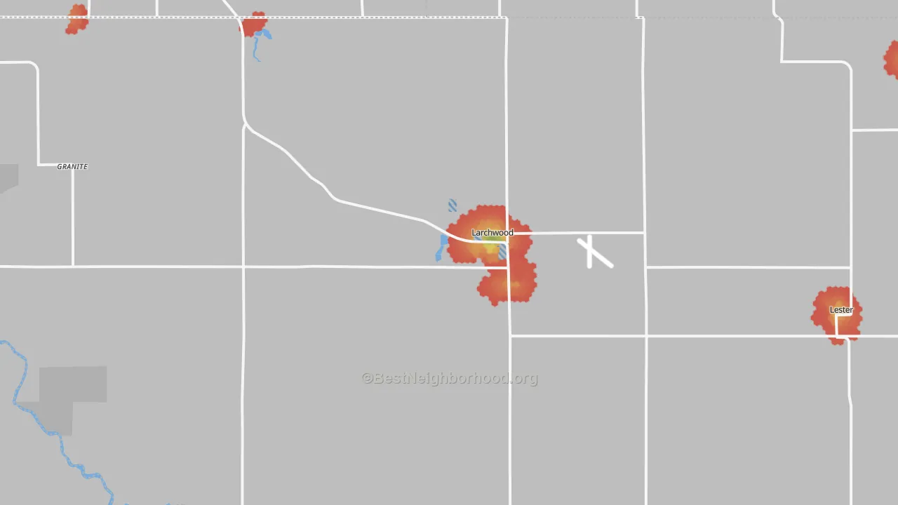 Walk Grade map of Larchwood, IA, walkable areas in green and car-dependent areas in red