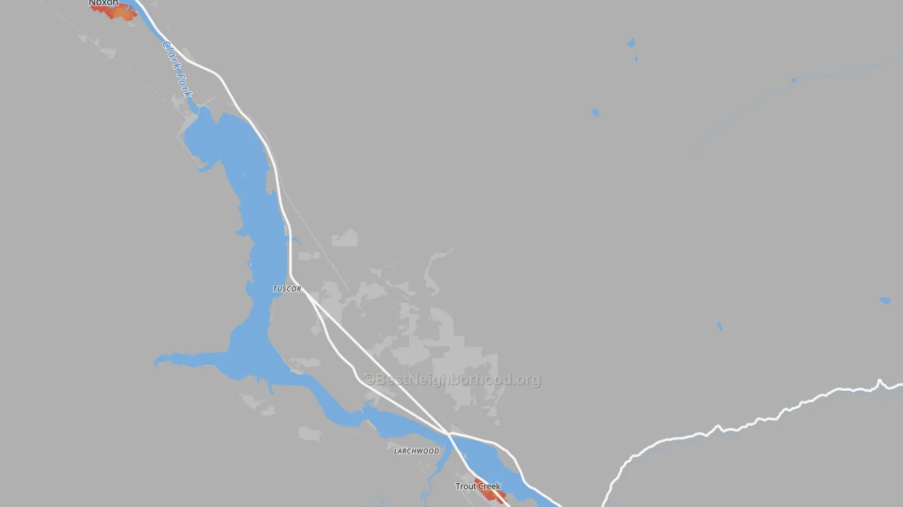 Walk Grade map of Larchwood, MT, walkable areas in green and car-dependent areas in red