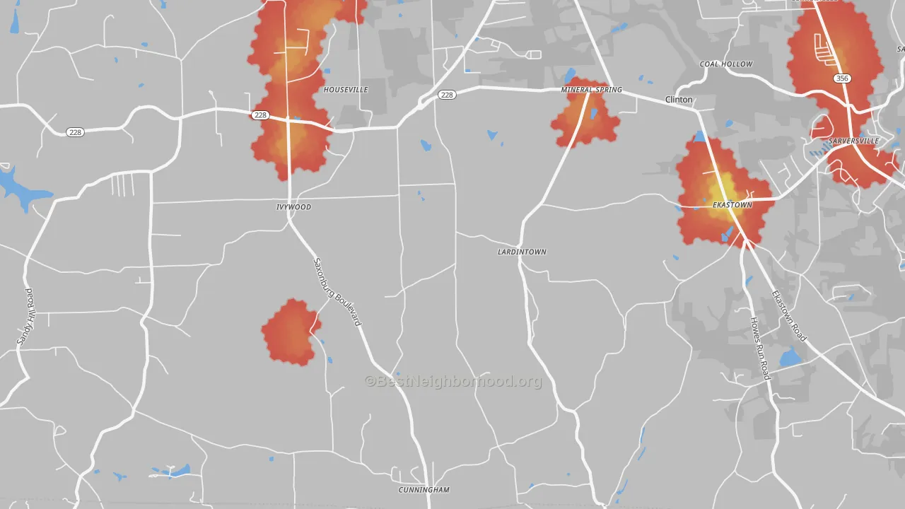 Walk Grade map of Lardintown, PA, walkable areas in green and car-dependent areas in red