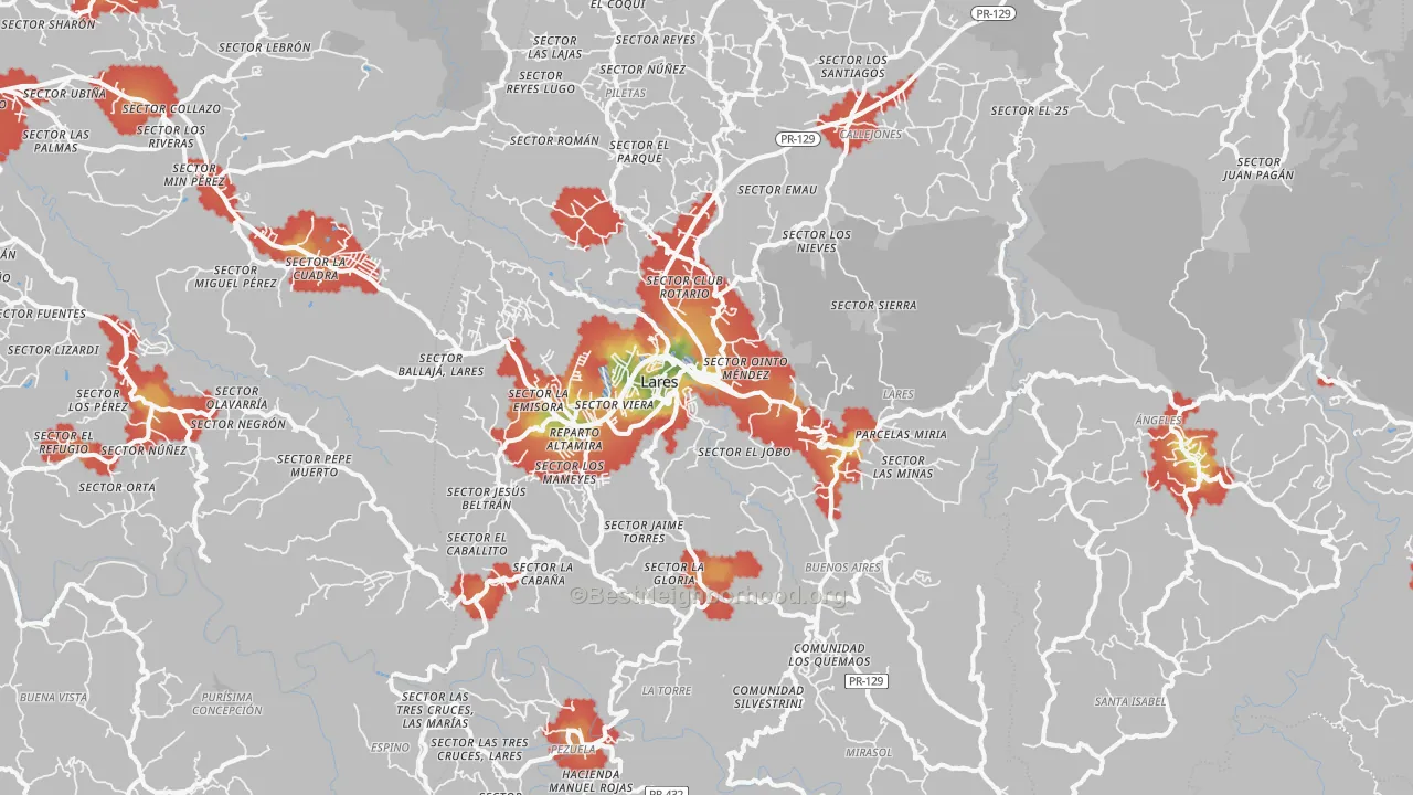 Walk Grade map of Lares Municipio, PR, walkable areas in green and car-dependent areas in red