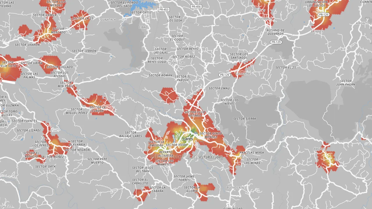 Walk Grade map of Lares, PR, walkable areas in green and car-dependent areas in red