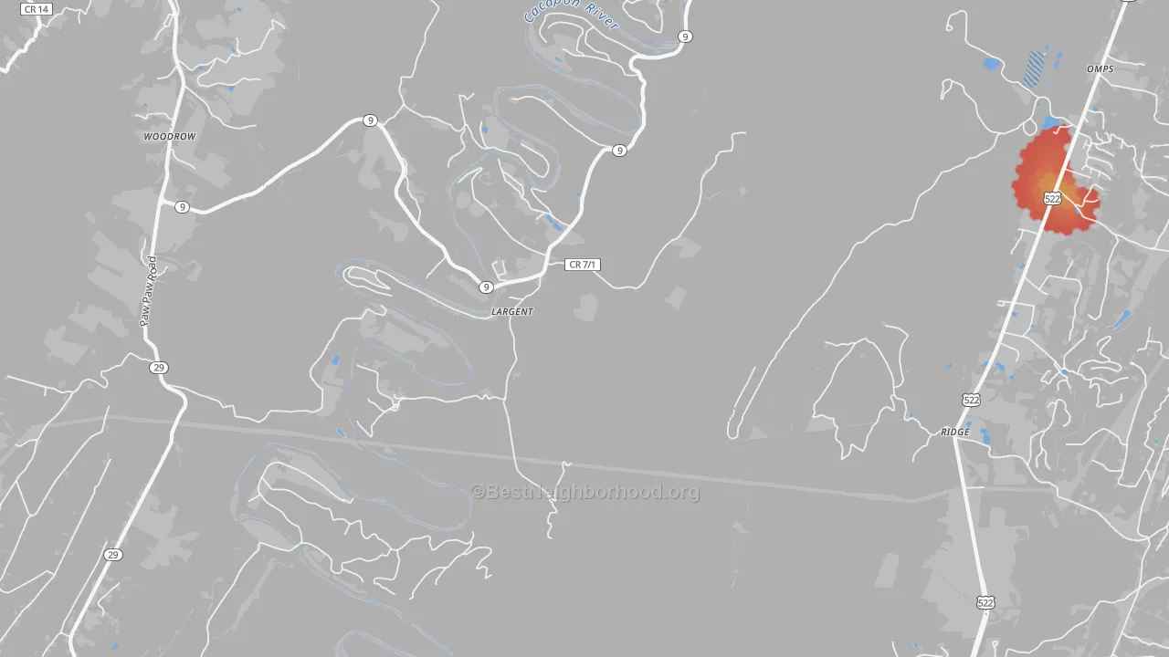 Walk Grade map of Largent, WV, walkable areas in green and car-dependent areas in red