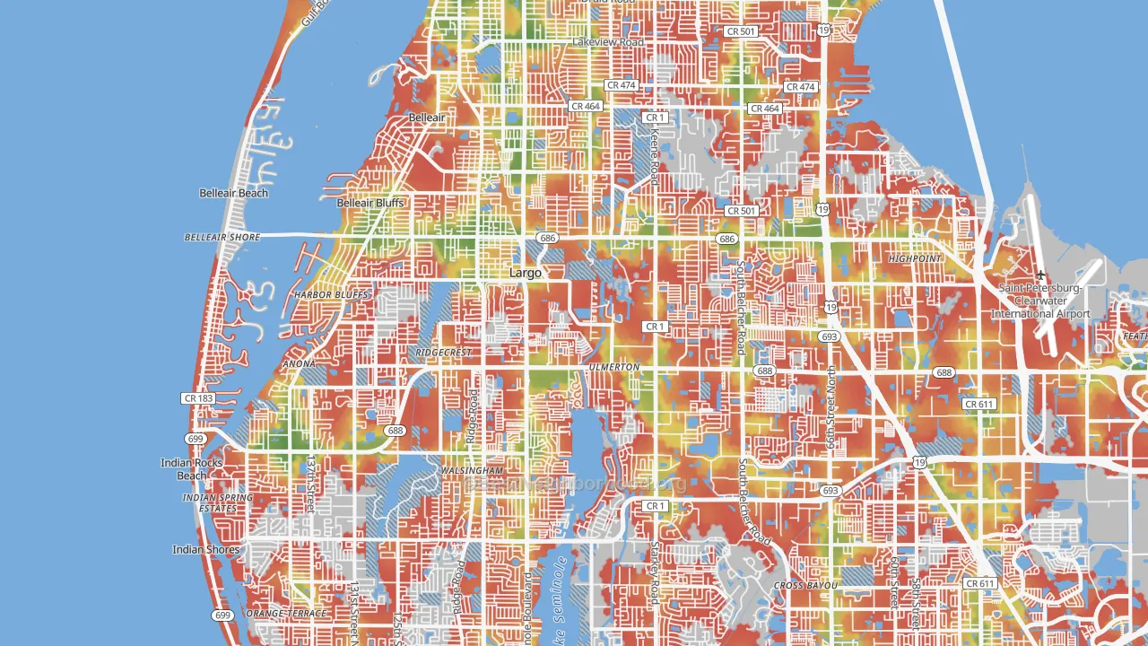 Walk Grade map of Largo, FL, walkable areas in green and car-dependent areas in red